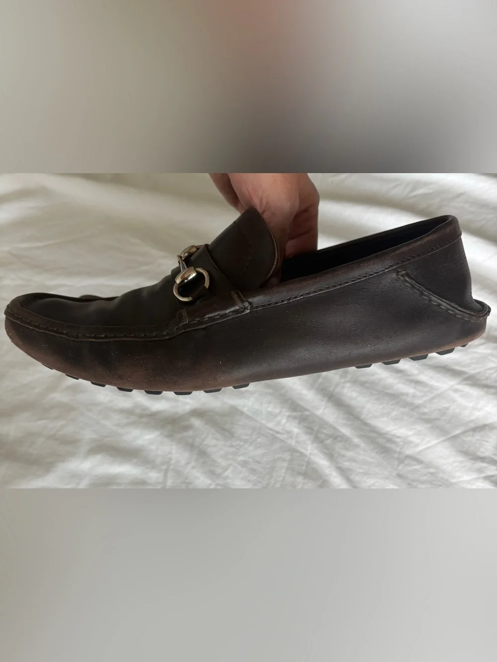 Authentic GUCCI Brown Leather Slip-On Loafers, Silver Bit 